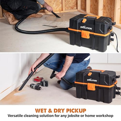 Evolution R15VAC 4-Gallon Wet Dry Shop Vac with Accessories | Heavy-Duty Vacuum & Blower | 70 CFM Airflow | Bagless Shop Vacuum for Jobsite Garage & Workshop | On-Board Storage | Compact & Portable