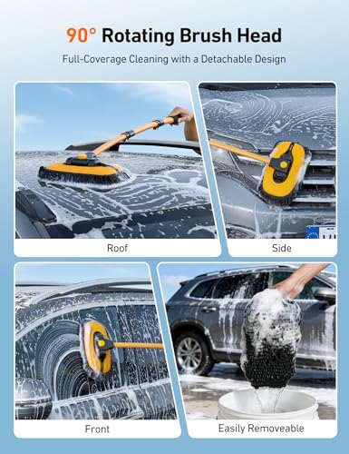 AstroAI 15°Curved Car Wash Brush with 43" Long Handle and 90° Rotating Replaceable Brush Head, Car Wash Kit with Microfiber Towel and Tire Brush for Car, SUV, RV, Floor Cleaning, Yellow