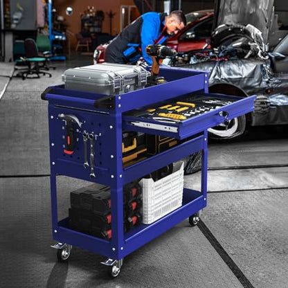 3-Tier Rolling Utility Cart, Metal Tool Cart on Wheels with Lockable-Blue | 330 lb. Load Capability Heavy Duty Tool Cart with Drawers, Mechanic Tool Cart for Garage, Warehouse, Repair Shop - color: Blue