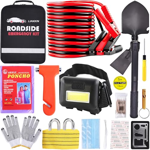 Emergency Roadside Kit for Car Auto Safety Kit with Jumper Cables Headlamp | Gifts for New Drivers with Tow Rope Folding Shovel, Safety Hammer Etc. For Travel, Breakdowns and Emergencies for Men Women - color: Red