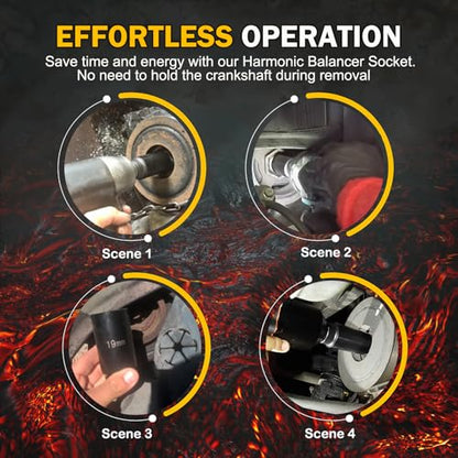 For Honda 19mm Heavy-Duty Harmonic Balancer Socket 77080 | 3X Torque Impact Tool for Compact Engines, 89mm OAL 1/2" Drive, 6-Point Alloy Steel Crank Bolt Remover
