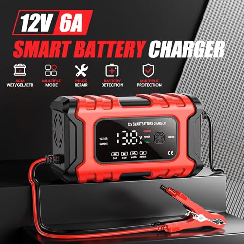 12V 6-Amp Battery Charger, Smart Trickle Charger Maintainer, Battery Repair | Battery Desulfator, Temperature Compensation, Multi-protection for Car Truck Motorcycle Lawn Mower Marine Lead Acid Batteries