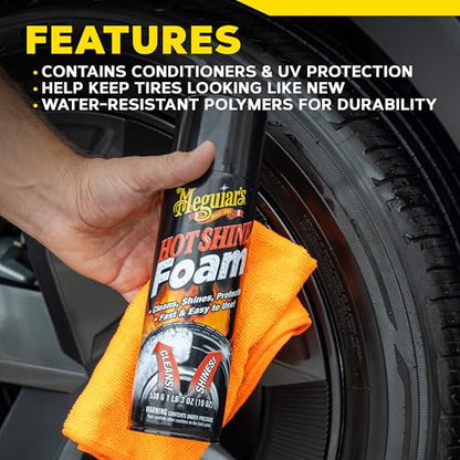Meguiar's Hot Shine Tire Foam - High Goss Tire Shine that Cleans, Shines, and Protects in One, Deep, Black Shine with Conditioners and UV Protection to Help Keep Tires Looking Like New, 19 Oz Aerosol - size: 1-pack