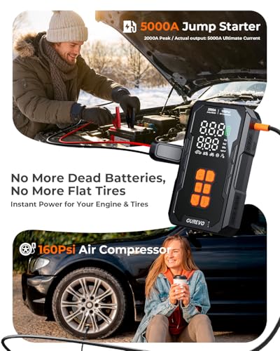 Jump Starter with Air Compressor, Car Battery Jumper Starter Portable with Auto-Shutoff Tire Inflator, Car Battery Charger Jump Box for 8.0L Gas/6.0L Diesel Engines