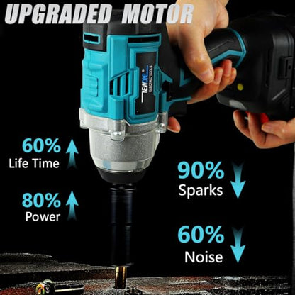 NEWONE 20v Brushless Crodless Impact Wrench, 370 Ft-lbs (500N.m) Impact Gun 1/2 inch with 1pcs 4.0AH Battery,6pcs Drill/Driver Bits,4 Sockets,Charger - color: Blue and Black