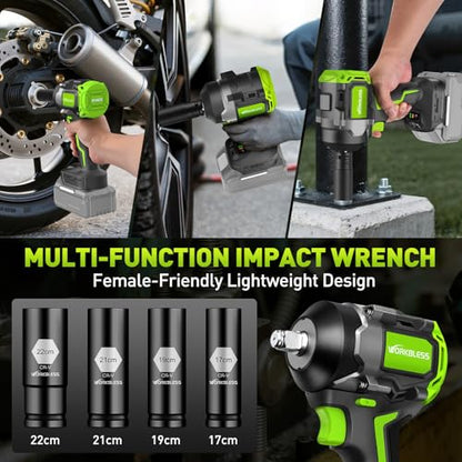 850Nm (630Ft-lbs) Cordless Impact Wrench for Makita 18V Battery, Brushless 1/2 Impact Gun, Electric Impact Wrench for Car Tire, Mower Lug Nut, 3-Speed, 4 Cr-V Sockets(BATTERY NOT INCLUDE) - style: 850N.m with NO Battery