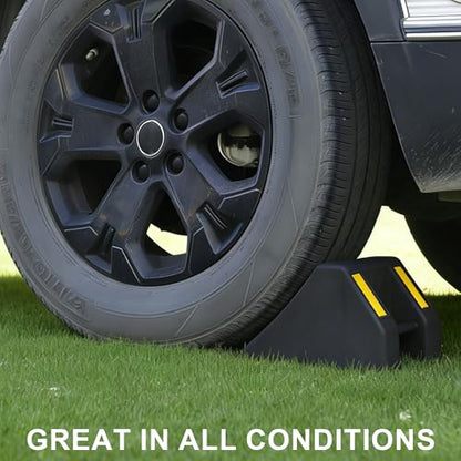 OrangeStar 4-Pack Heavy Duty Rubber Wheel Chocks with Hand Grip and Reflective Strips, Tire Stops for Car, Truck, RV, Travel Trailer, Camper and Boat Trailer Parking Safety (L10 x W7.2 x H6) - size: 10"x7.2"x6"- 4 Packs