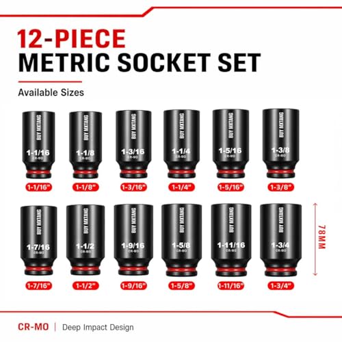 1/2"12-Piece Extended Drive Impact Socket Set, Deep SAE Axle Nut Impact Socket Set, Cr-Mo, 1-1/16, 1-1/8, 1-3/16, 1-1/4, 1-5/16, 1-3/8, 1-7/16, 1-1/2, 1-9/16, 1-5/8, 1-11/16, 1-3/4 Socket - size: 1/2 12PCS Socket Set SAE