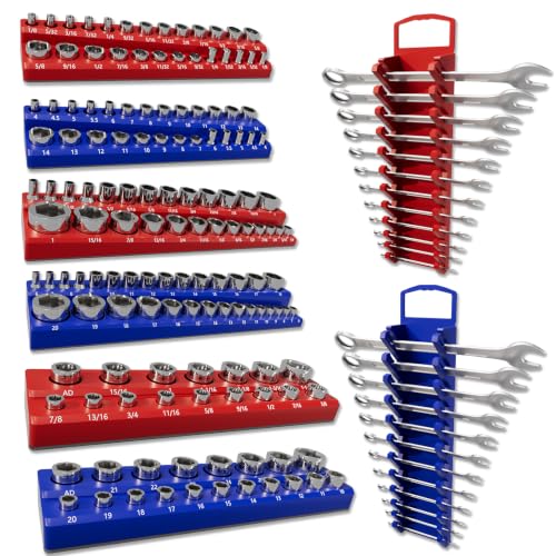 8-Piece Magnetic Socket Organizer and Wrench Organizer, Magnetic Socket Holder Set | Fits 1/4” 3/8” 1/2” Metric SAE for Tool Box Drawer, Can Holds 143 Sockets, Socket & Wrench Not Included