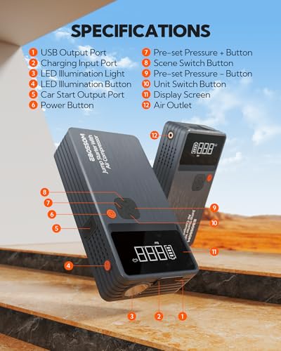 Car Battery Jump Starter with Air Compressor, Battery Jump Box with Tire Inflator,Jump Booster with Smart Jumper Cables,LED Light Emergency Car Kits for Vehicles,Arrancador Ae Batería - style: JC8 With Air Compressor 8000mAh