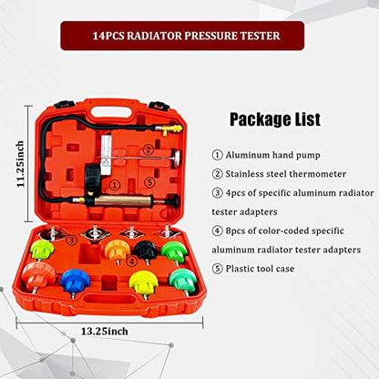 14PCS Radiator Pressure Leak Tester Tool Kit, Automotive Cooling System Pressure Pump Test Kit, Water Tank Leakage Detection Tool Set