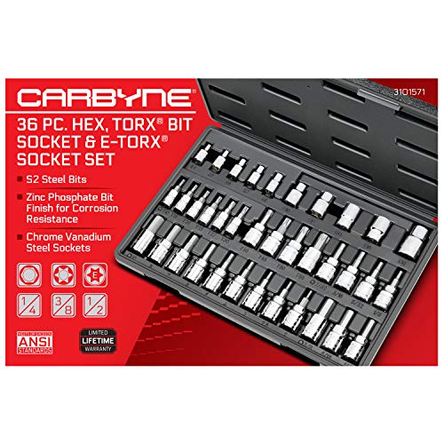 CARBYNE 36-Piece Hex (Allen) & Torx Bit Socket, SAE and Metric Hex, S2 Steel Bits, CrV Sockets, 1/4 in. 3/8 in. 1/2 in. Drive, Zinc Phosphate Bit Finish, Genuine Licensed Torx