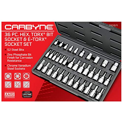 CARBYNE 36-Piece Hex (Allen) & Torx Bit Socket, SAE and Metric Hex, S2 Steel Bits, CrV Sockets, 1/4 in. 3/8 in. 1/2 in. Drive, Zinc Phosphate Bit Finish, Genuine Licensed Torx