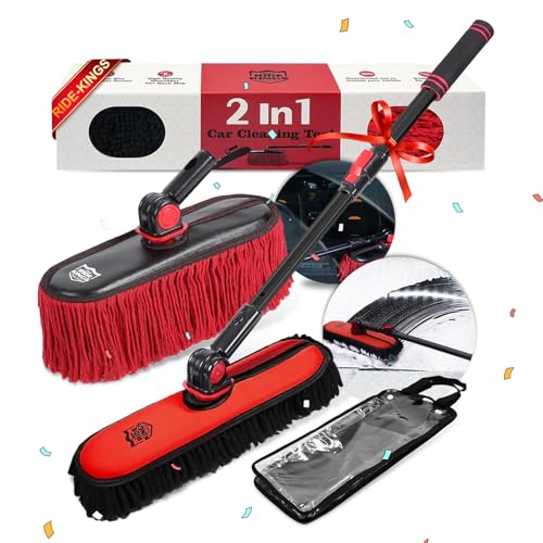 Car Duster Exterior, Dual Head, 4 Pcs, Red | Extendable pole. Absorbent chenille wash brush scrubs vehicles; dry treated mop traps pollen. - color: Dark Red