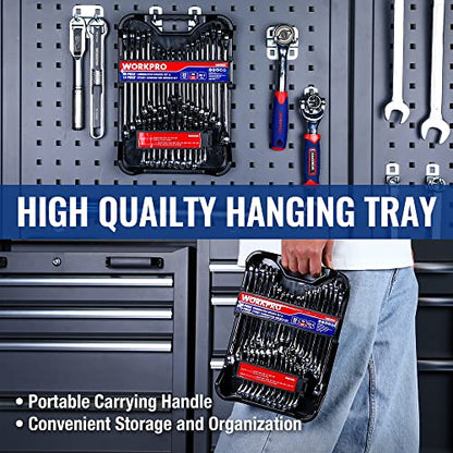 WORKPRO 32-Piece SAE & Metric Combination Wrenches Set, 20-Piece Standard wrenches and 12-Piece Stubby Wrenches with Organizer Tray, Cr-V Steel Mirror Chrome Polished
