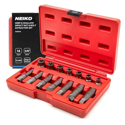 NEIKO 04207A Impact Nut & Bolt Extractor Set, 14 Piece Lug Nut Removal Tool, 3/8 Drive, Deep and Shallow Stripped Bolt Extractor Socket Set, Rounded Bolt Removal tool, Nut Remover Socket Set, CR-Mo - size: 14 Piece, style: Extractor Set