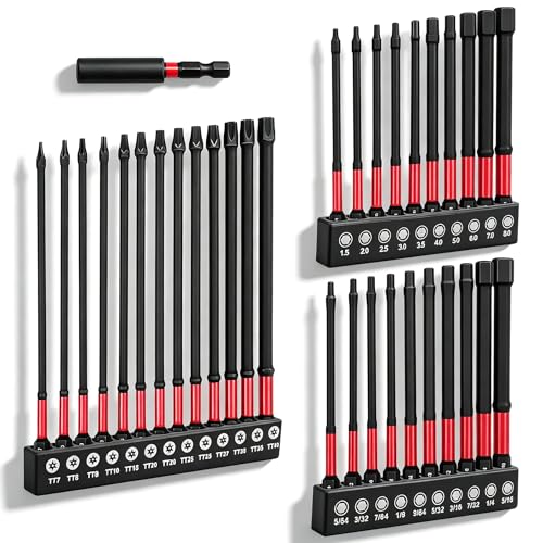 33PCS Allen Wrench Drill Bit Set,20 Piece 3.9"&13 Piece 6"Drill Bits for Impact Driver(Metric&Sae) with1/4"Extension Bar,3-Storage Case,Long Impact Driver Bit Set with Magnetic Tip and S2 Steel - color: Black+red