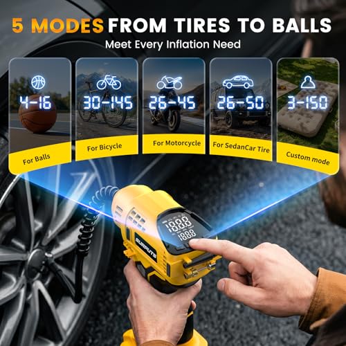 Tire Inflator Air Compressor Compatible with Dewalt 20V Battery, 150PSI Cordless Portable Air Pump with Digital & Auto Shut-Off, LED Light for Car Motorcycles Bike Ball (Tool Only) (Yellow)