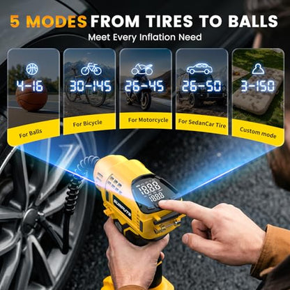 Tire Inflator Air Compressor Compatible with Dewalt 20V Battery, 150PSI Cordless Portable Air Pump with Digital & Auto Shut-Off, LED Light for Car Motorcycles Bike Ball (Tool Only) (Yellow)