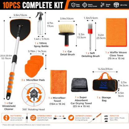 XINDELL Interior Windshield Cleaner Tool, Extendable Car Window Cleaning Kit with 360° Rotating Head, Interior Exterior Glass Cleaner for Cars Trucks SUVs, 10PCS with 3 Pads, Towels, Brushes & Bag | 360° Head, Extendable Handle, 3 Pads, 2 Brushes, 3 Towel