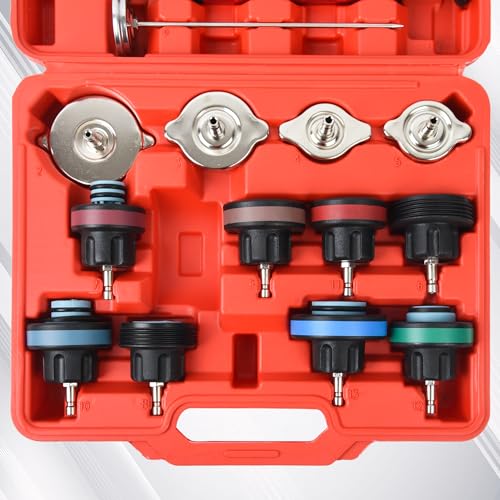 14pcs Automotive Cooling System Tester Radiator Pump Pressure Leak Tester Gauge Tool Kit,Coolant Pressure Tester Kit with Aluminum Hand Pump and Adapters - color: Red 3