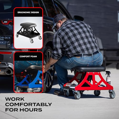 Vyper Low Pro Garage Stool with Removable Seat for Mechanics, Black Frame | Robust steel garage stool with 400 lb capacity, large industrial casters, foam seat, tool tray, and red frame for auto or DIY - color: Black Seat, Black Frame