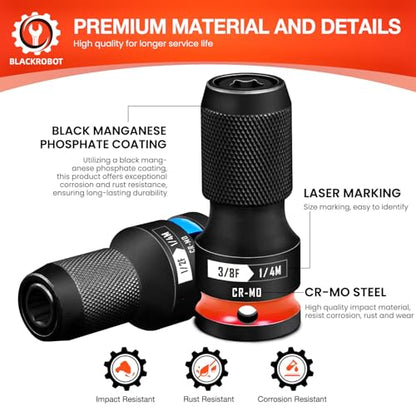 BLACKROBOT 2PCS Quick Release Impact Bit Holders 1/2-Inch & 3/8-Inch Square Drive to 1/4-Inch Hex Socket Adapter, CR-MO Steel - size: 3/8+1/2 Impact Bit Holder