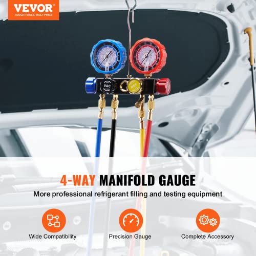 VEVOR 4 Way AC Gauge - AC Manifold Gauge Set for R134A R22 R12 R410A Refrigerant, Freon Gauges with 5ft Hoses, Couplers, Can Tap Works on Car Auto Freon Charging and Evacuation - size: R134a/R22/R12/R410a, style: 4 Way with Box