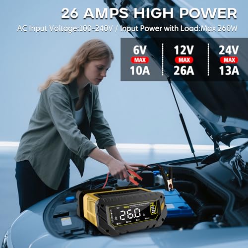26 Amp Battery Charger, 6V/12V/24V Lithium LiFePO4 Lead Acid Smart Car Battery Charger, Automotive Maintainer Trickle Charger for Car, SUV, Motorcycle, Boat, Lawn Mower