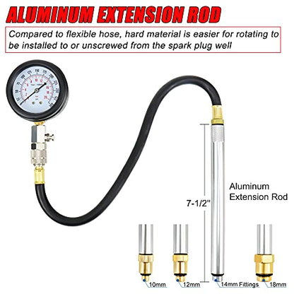 JIFETOR Engine Compression Tester Gauge Kit Cylinder Test Pressure Gage Tool 9PCS Set with Adapters for Testing Small Gas Petrol Gasoline Engine on Automotive Motorcycle Auto Outboard Motor Snowmobile