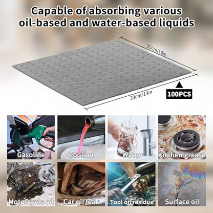 Oil Absorbent Pads, 100 Count Water Absorbent Mat, 13"x10",Tear-Resistant & Microfiber PP Material, Garage Accessories, Oil Spill Mat for Absorbing Protecting Home Garage Basement