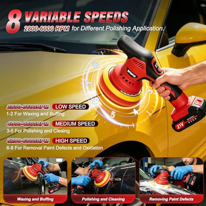 Cordless Car Buffer Polisher, 8-Speed 6000RPM Car Buffers and Polisher Kit with 2x21V 2000mAh Batteries & 28PCS Accessories, 6-Inch Orbital Polisher for Car Detailing, Waxing, Scratch Removal