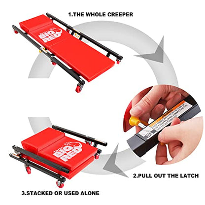 BIG RED 2-Piece Rolling Garage/Shop Creeper: 36" Padded Mechanic Cart with Headrest and 6 Casters, Red - style: Rolling Creeper