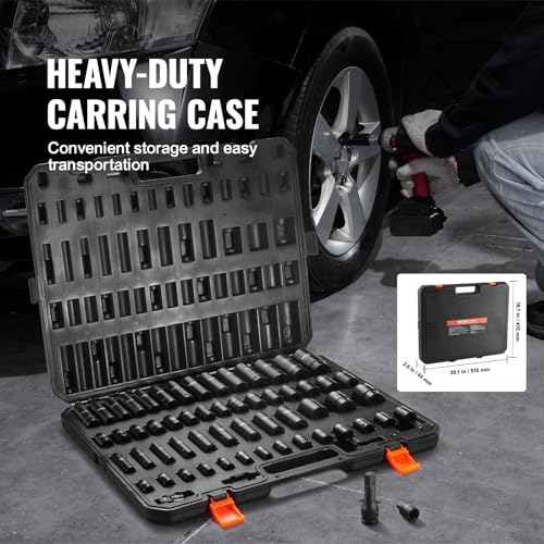 VEVOR Impact Socket Set 3/8" & 1/2" Socket Set 59PCS SAE 5/16" to 1-1/4" and Metric 6-32mm, 6 Point Cr-Mo Alloy Steel for Auto Repair, Easy-to-Read Markings, Rugged Construction, Storage Case - style: 1/2" & 3/8" 59PCS CR-MO