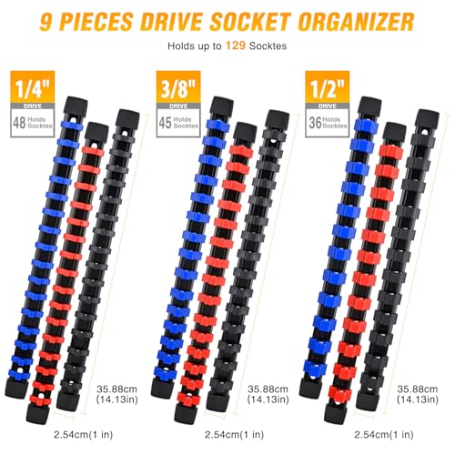 GOOACC Socket Organizer ABS Socket Holder Set 1/4" 3/8" 1/2" Drive Socket Rail Holders Stores up 129 Clips Impact Sockets Organizers Rails for Tool Box Drawer, 9 Piece Blue Red Black - size: Clip Rail 9PC 1/4"3/8"1/2" Blue Red Black
