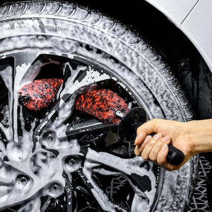 3 Pcs Soft Wheel Brushes for Cleaning Wheels Kit - 1x Synthetic Soft Car Wheel Rim Brush，1x Long Handle Cleaning Brush and 1x Car Detail Brush, Clean Dirty Wheel… - color: Red and Black