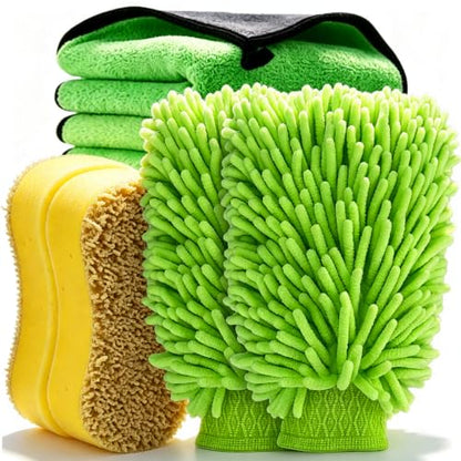 6PCS Microfiber Car Wash Mitt - Car Wash Gloves Kit with Microfiber Cleaning Cloth and Car Wash Sponge for Car Washing, Trucks, SUVs, Motorcycles Cleaning Detailing Polish - color: Greyish-green