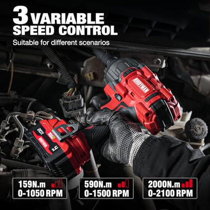 Alloyman Cordless Impact Wrench, 1475Ft-lbs (2000N.m) 1/2 High Torque Brushless Impact Gun, 20V Power Impact Driver, 2*4000mAh Battery,3 Sockets, Brushless Motor Variable Speeds for Car/Truck RV/Mower - style: 1475Ft-lbs /2x Battery