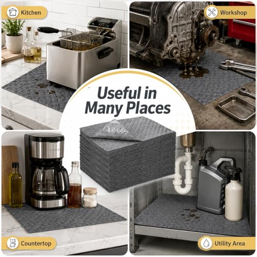 Adhesive-Backed Oil Absorbent Pads, 100 Pack 10 x 13 Inch Leak-Proof Oil Spill Mats with PVC Backing, Non-Slip Disposable Garage Drip Pads for Change, Workbench, Floor & Kitchen Grease Cleanup