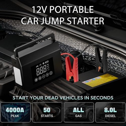 Hieha 4000A Jump Starter with Air Compressor, 12V Car Battery Jumper Starter Portable Booster for Dead Batteries, 150PSI Tire Inflator for Cars, Trucks & SUVs, USB-C Fast Charging Power Bank