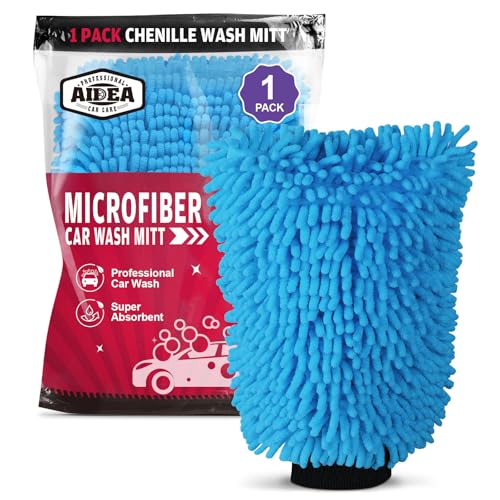 AIDEA Car Wash Mitt Microfiber, 1PK, Car Wash Brush, Blue, 7.12''X10.14'' | Scratch Free Lint-Free Premium Chenille Microfiber Mitt, Cleaning Supplies, Regular Size - color: Blue, size: 1PK-7.12''X10.14''