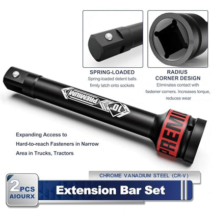 2 Pcs 1" Drive Impact Extension Bar Set, 6" & 10" Length Socket Extensions, CR-V Steel, Narrow and Deep Areas in Bicycle, Automotive Repair or Industrial Operations - size: 1" 6-Inch 10-Inch