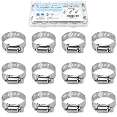TICONN 12PCS Hose Clamp Set - 13/16''–1 1/2'' 304 Stainless Steel Worm Gear Hose Clamps for Pipe, Intercooler, Plumbing, Tube and Fuel Line (21–38 mm) - size: SAE #12 12PCS 13/16''~1-1/2"