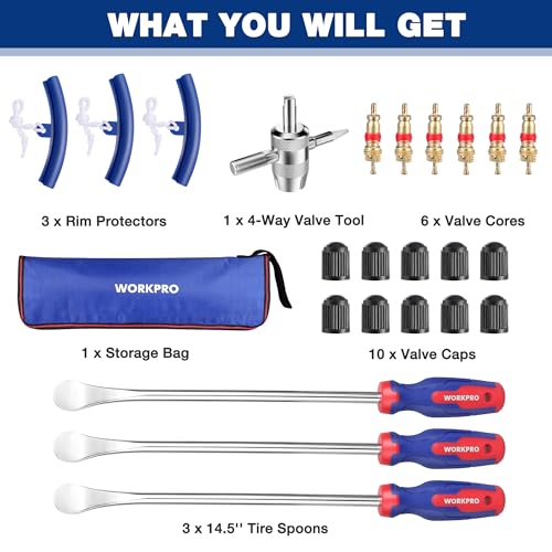 WORKPRO 14.5” Tire Spoons Set, 23-Piece Steel Tire Removal Tool Set | 3-Piece Tire Spoons, 3-Piece Rim Protectors, Valve Tool, 6-Piece Valve Cores, 10-Piece Valve Caps, Storage Bag, Tire Iron Set