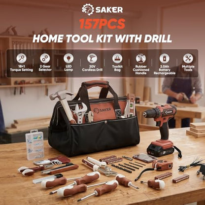 Saker 20V Tool Set with Drill, General Home Hand Tool Kit with 14-Inch Storage Bag, Tool Set with 20V Cordless Drill for DIY Projects, Home Repairs, Handyman, Mocha Brown
