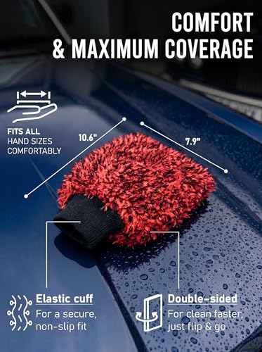 TAKAVU Car Wash Mitt, 2 Pack Microfiber, Scratch-Free (Red & Black) | Soft Lint-Free Wash Gloves Hold Sudsy Water for Auto Detailing, Machine Washable, Safe on Paint & Coat - color: Red