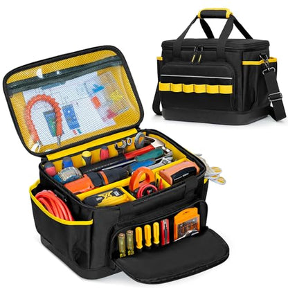 Rexmica Small Tool Bag, 12-Inch Tool Tote Bag with EVA Hard Bottom and Carrying Strap, Multi-functional Tool Storage Organizer for Electrician, Plumber, Mechanic, Automotive, Black-yellow