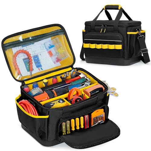 Rexmica Small Tool Bag, 12-Inch Tool Tote Bag with EVA Hard Bottom and Carrying Strap, Multi-functional Tool Storage Organizer for Electrician, Plumber, Mechanic, Automotive, Black-yellow