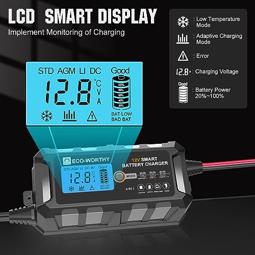 ECO-WORTHY 12V 5A Automatic Smart Battery Charger and Maintainer LCD Display for Lead Acid and Lithium (LiFePO4) Battery