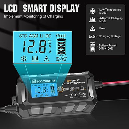 ECO-WORTHY 12V 5A Automatic Smart Battery Charger and Maintainer LCD Display for Lead Acid and Lithium (LiFePO4) Battery